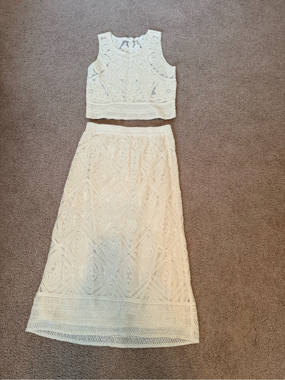 Ultra Cream Crochet Two-Piece Set Top and Skirt